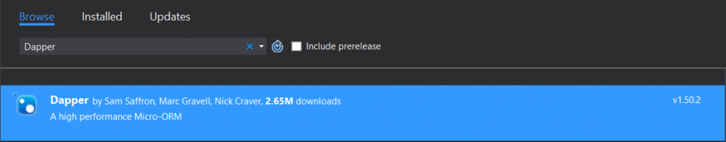 Figure 4. Dapper package in Nuget